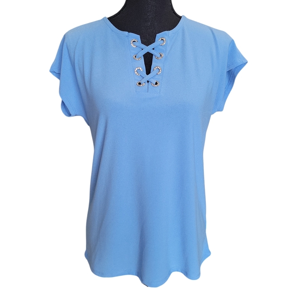 89th & Madison NWT Light Blue Cool Lace Front Blouse Women's Size S